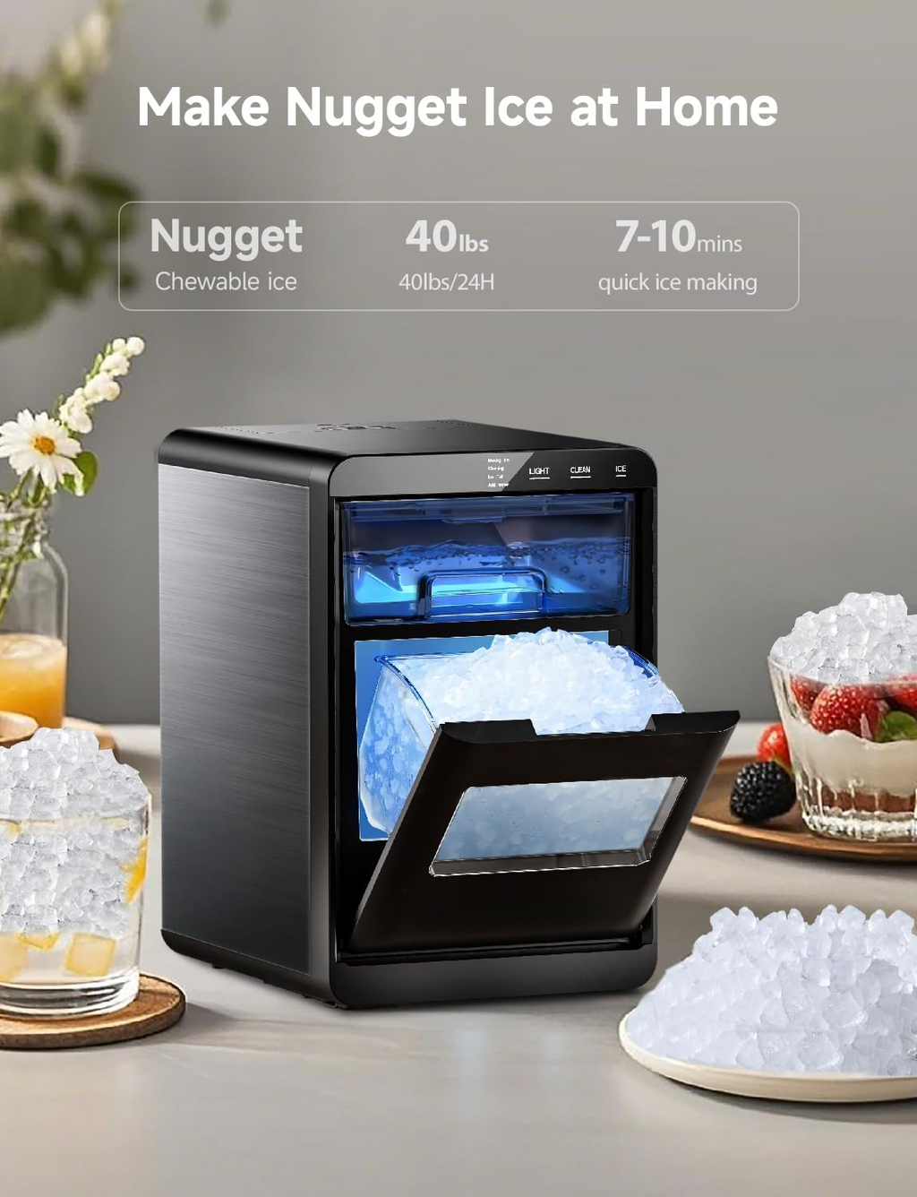 Countertop Nugget Ice Maker, 40Lbs/24H Pebble Pellet Sonic Ice Machine, Self‑Cleaning Portable Ice Maker with Ice Scoop and Basket for Home Kitchen Office