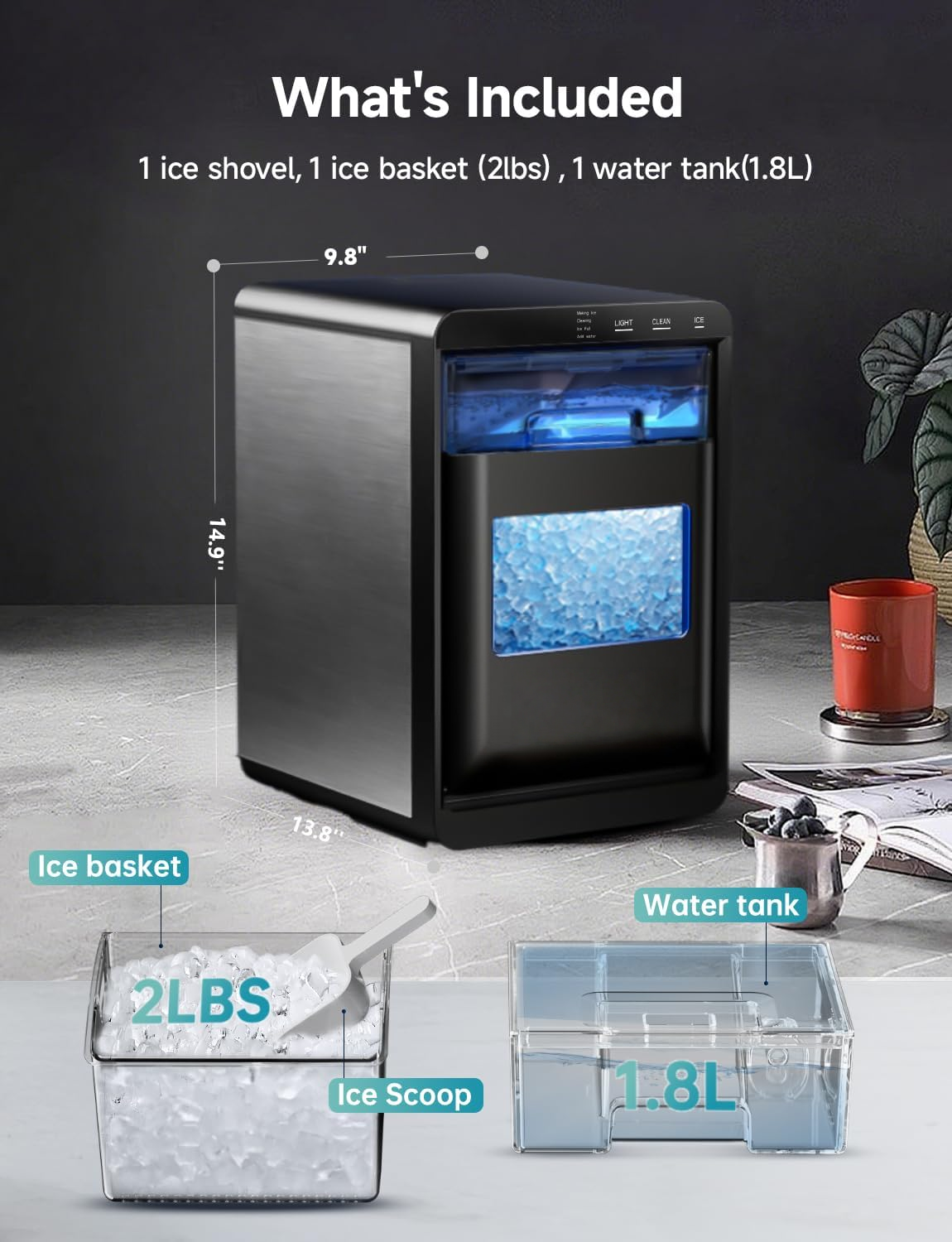 Countertop Nugget Ice Maker, 40Lbs/24H Pebble Pellet Sonic Ice Machine, Self‑Cleaning Portable Ice Maker with Ice Scoop and Basket for Home Kitchen Office