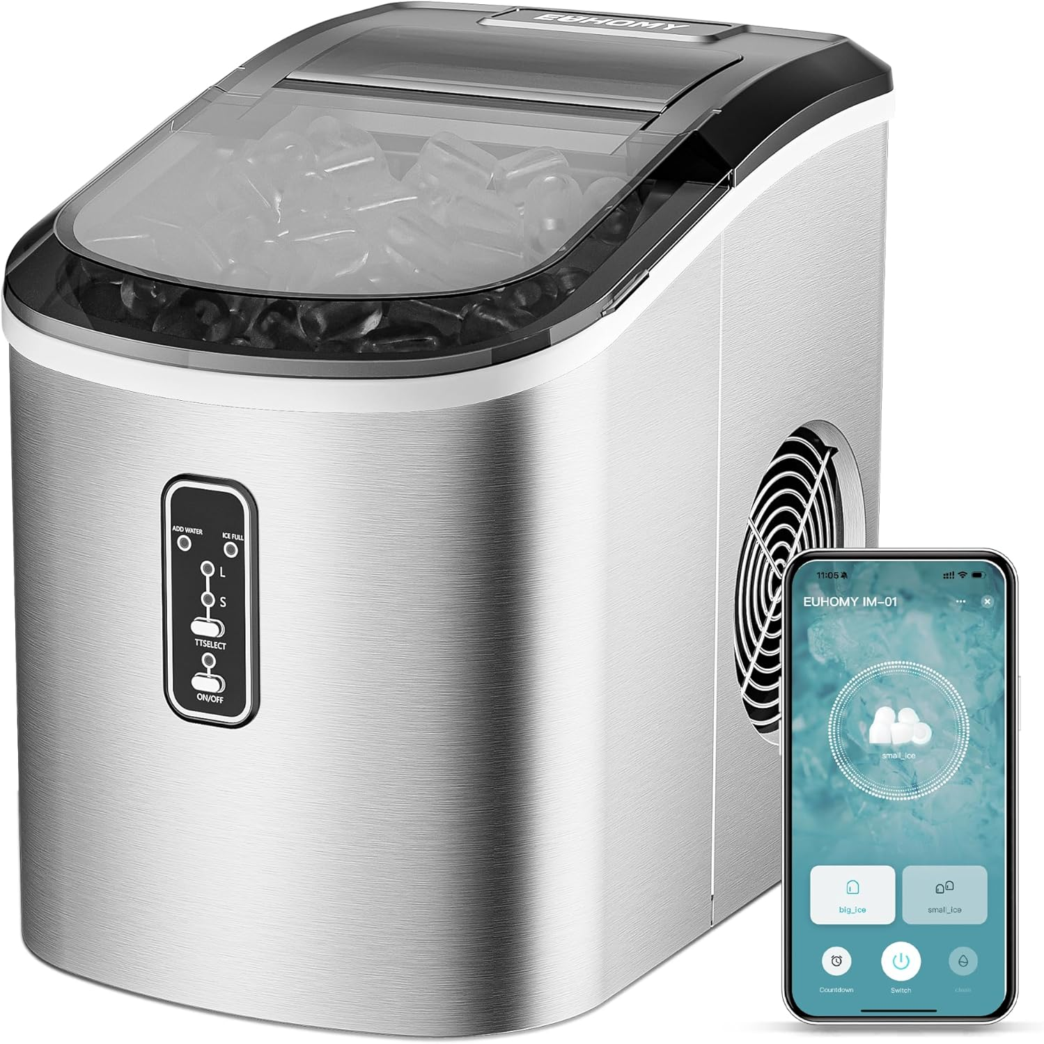 Silver Smart Countertop Ice Maker, 26lbs/24H Production, 9 Cubes Ready in 8 Mins, Self‑Cleaning Portable Ice Machine with Ice Scoop and Basket for Home Kitchen Office