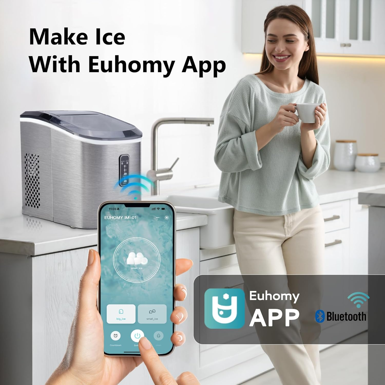 Silver Smart Countertop Ice Maker, 26lbs/24H Production, 9 Cubes Ready in 8 Mins, Self‑Cleaning Portable Ice Machine with Ice Scoop and Basket for Home Kitchen Office