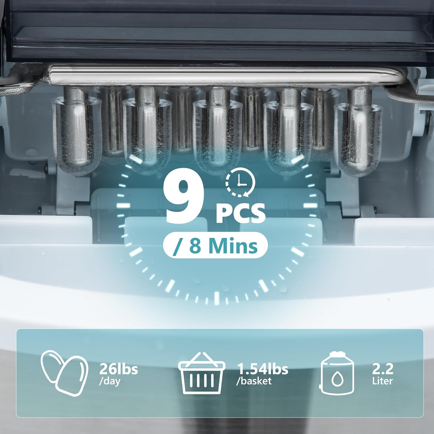 Silver Smart Countertop Ice Maker, 26lbs/24H Production, 9 Cubes Ready in 8 Mins, Self‑Cleaning Portable Ice Machine with Ice Scoop and Basket for Home Kitchen Office
