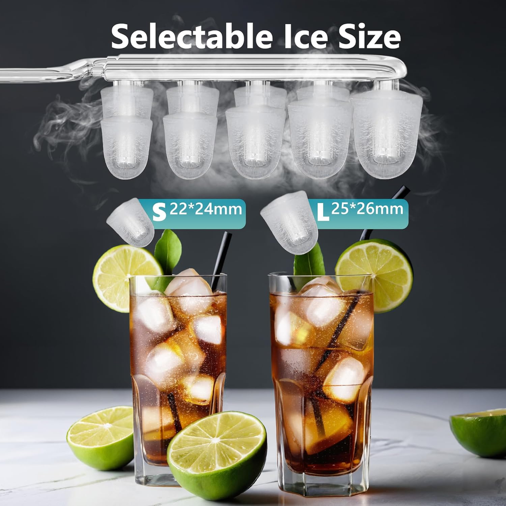 Silver Smart Countertop Ice Maker, 26lbs/24H Production, 9 Cubes Ready in 8 Mins, Self‑Cleaning Portable Ice Machine with Ice Scoop and Basket for Home Kitchen Office