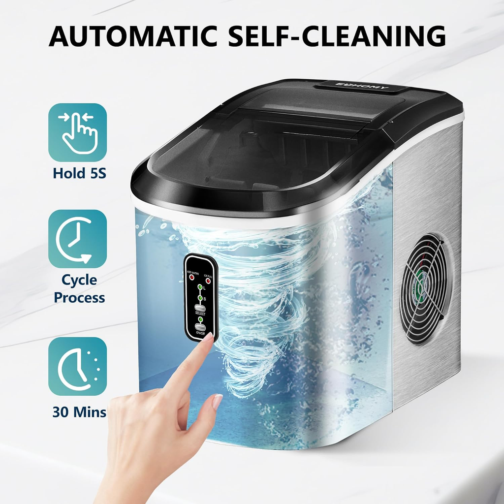 Silver Smart Countertop Ice Maker, 26lbs/24H Production, 9 Cubes Ready in 8 Mins, Self‑Cleaning Portable Ice Machine with Ice Scoop and Basket for Home Kitchen Office