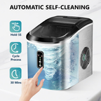 Silver Smart Countertop Ice Maker, 26lbs/24H Production, 9 Cubes Ready in 8 Mins, Self‑Cleaning Portable Ice Machine with Ice Scoop and Basket for Home Kitchen Office