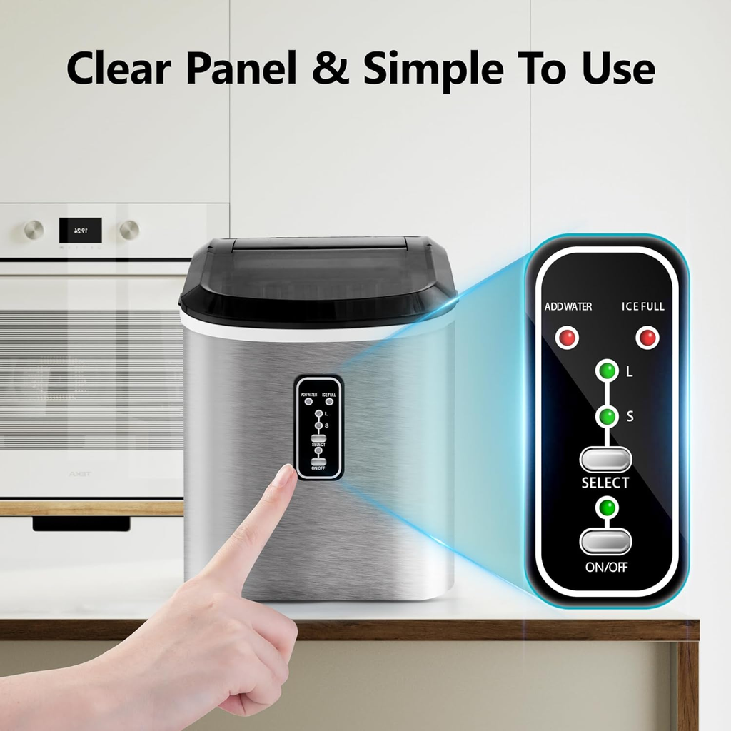 Silver Smart Countertop Ice Maker, 26lbs/24H Production, 9 Cubes Ready in 8 Mins, Self‑Cleaning Portable Ice Machine with Ice Scoop and Basket for Home Kitchen Office