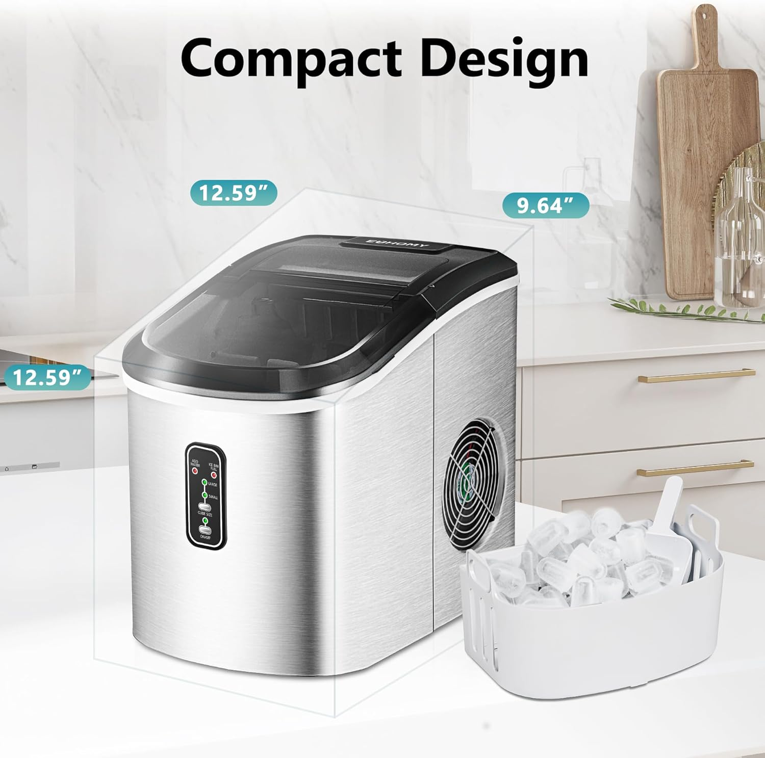 Silver Smart Countertop Ice Maker, 26lbs/24H Production, 9 Cubes Ready in 8 Mins, Self‑Cleaning Portable Ice Machine with Ice Scoop and Basket for Home Kitchen Office