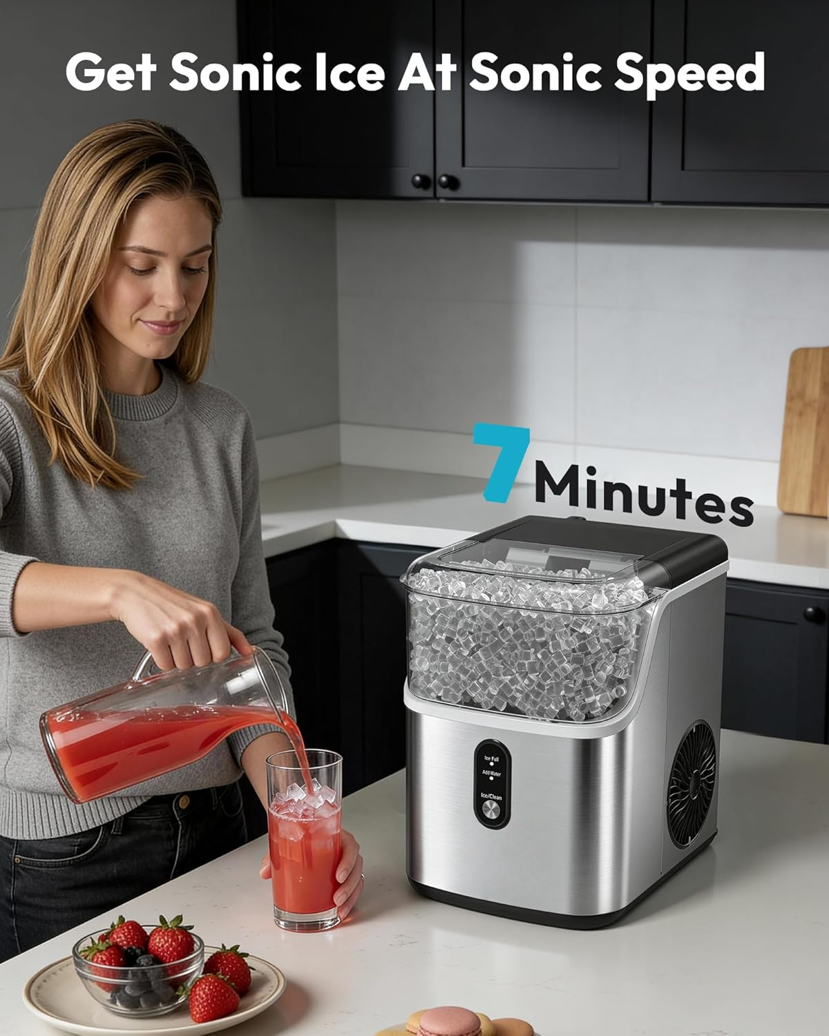 Stainless Steel Countertop Nugget Ice Maker, Ready in 7 Mins, 34Lbs/24H Self‑Cleaning Pebble Pellet Sonic Ice Maker with Ice Scoop and Basket for Home Use