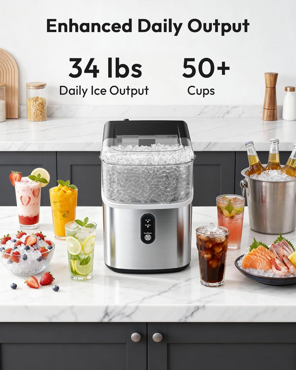 Stainless Steel Countertop Nugget Ice Maker, Ready in 7 Mins, 34Lbs/24H Self‑Cleaning Pebble Pellet Sonic Ice Maker with Ice Scoop and Basket for Home Use