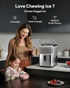Stainless Steel Countertop Nugget Ice Maker, Ready in 7 Mins, 34Lbs/24H Self‑Cleaning Pebble Pellet Sonic Ice Maker with Ice Scoop and Basket for Home Use