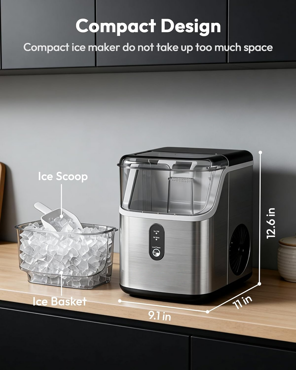 Stainless Steel Countertop Nugget Ice Maker, Ready in 7 Mins, 34Lbs/24H Self‑Cleaning Pebble Pellet Sonic Ice Maker with Ice Scoop and Basket for Home Use